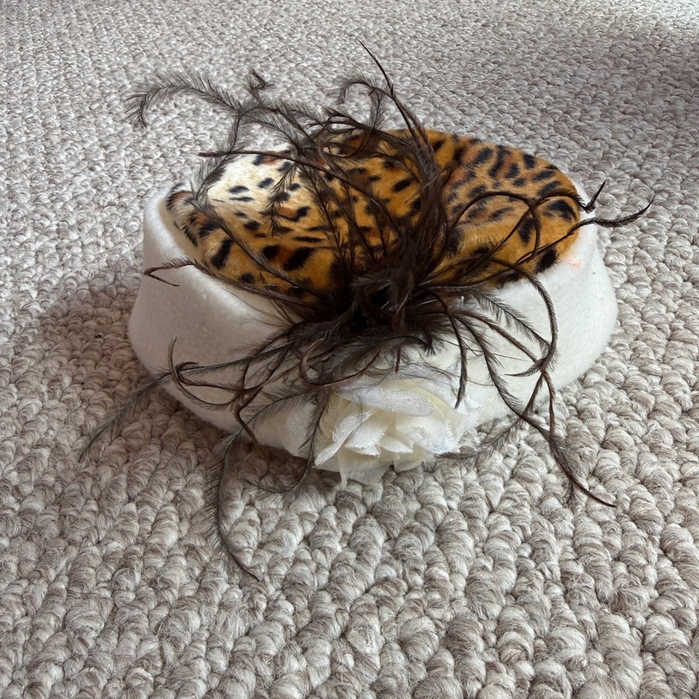 Kids Vintage Style Leopard Print Pillbox Hat with Rose and Feathers Cream